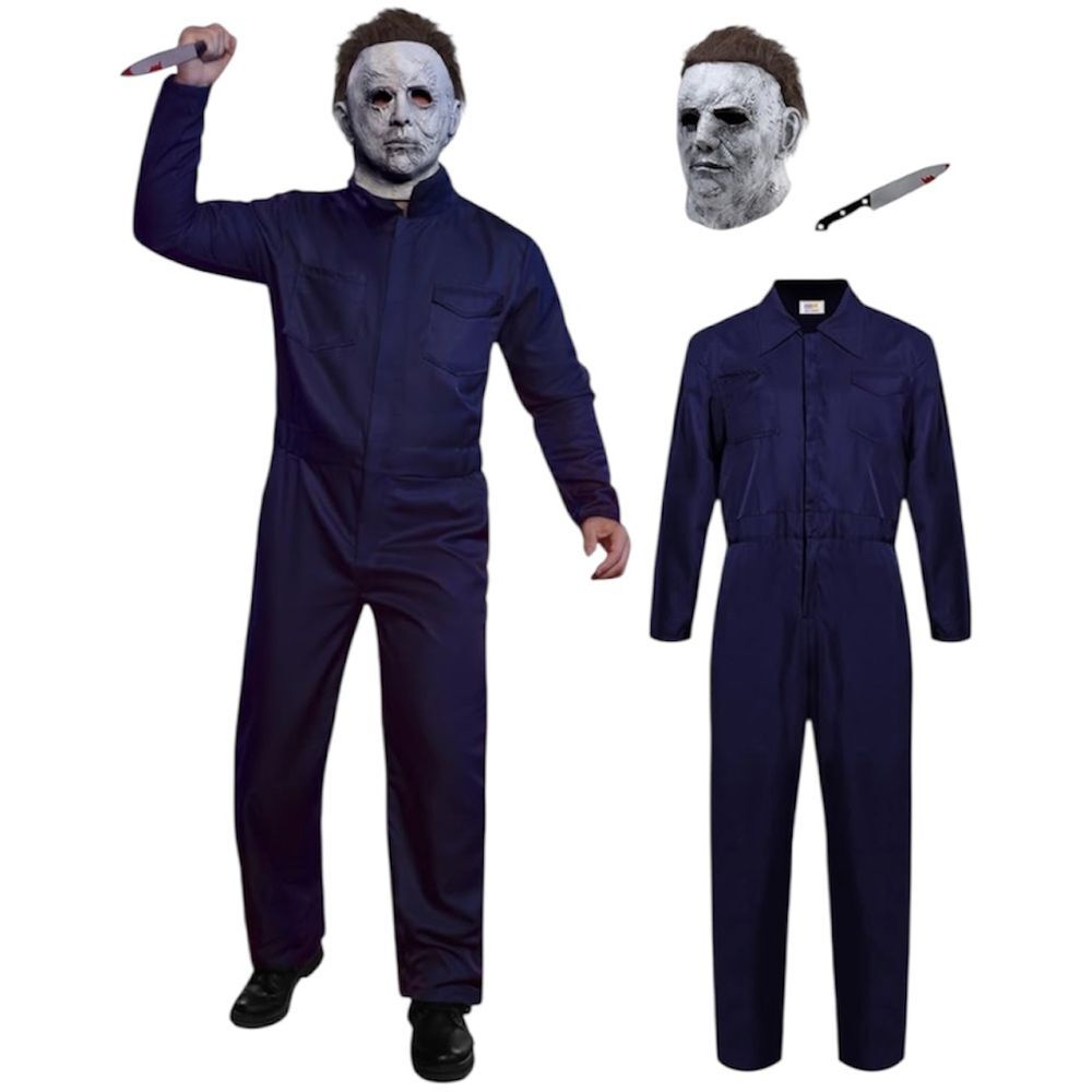 Halloween Michael Myers Costume Set w/ Mask, Jumpsuit & Prop Knife | Men’s L/XL